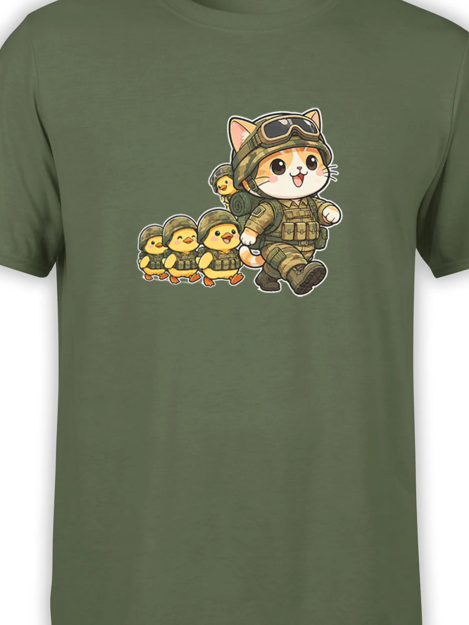 Close-up of a helmeted cat and three ducklings in camouflage gear on an olive green T-shirt
