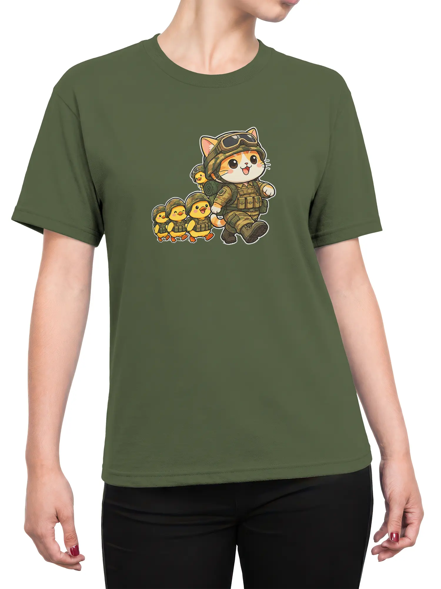 Female torso wearing an olive green T-shirt with a military cat and duckling patrol graphic