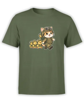 Cute military cat leading three ducklings in matching gear on an olive green graphic T-shirt