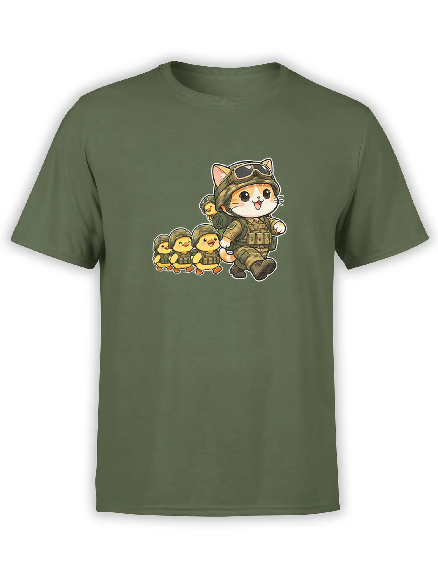 Cute military cat leading three ducklings in matching gear on an olive green graphic T-shirt
