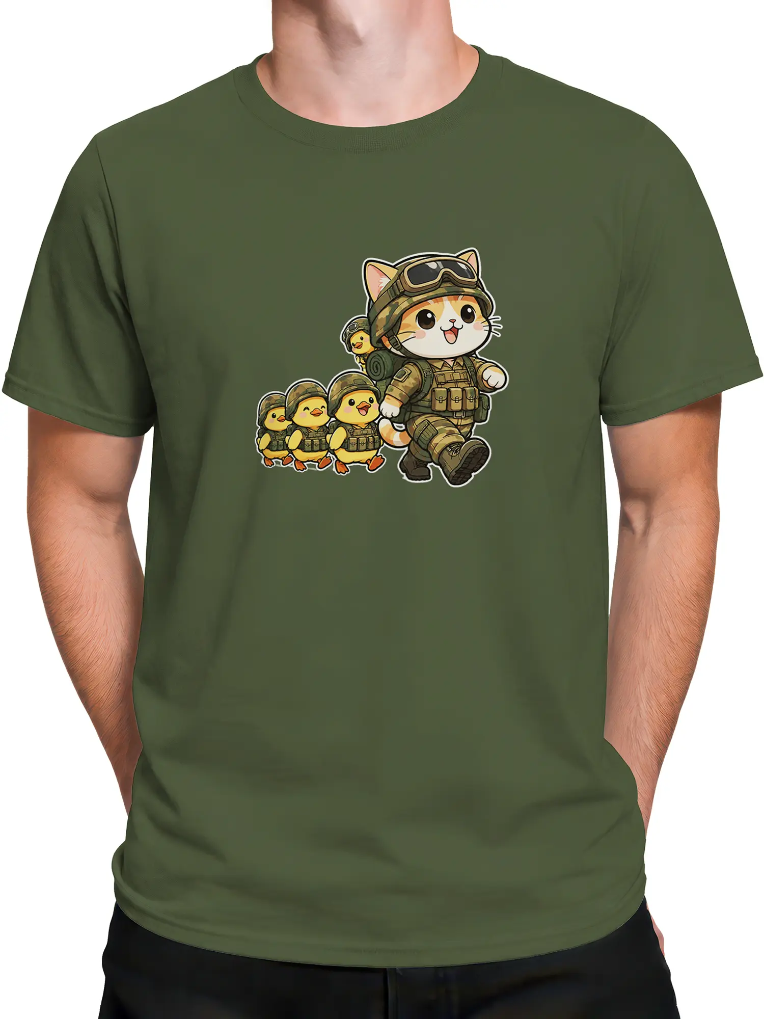 Male torso wearing an olive green T-shirt with a cat and duckling patrol graphic