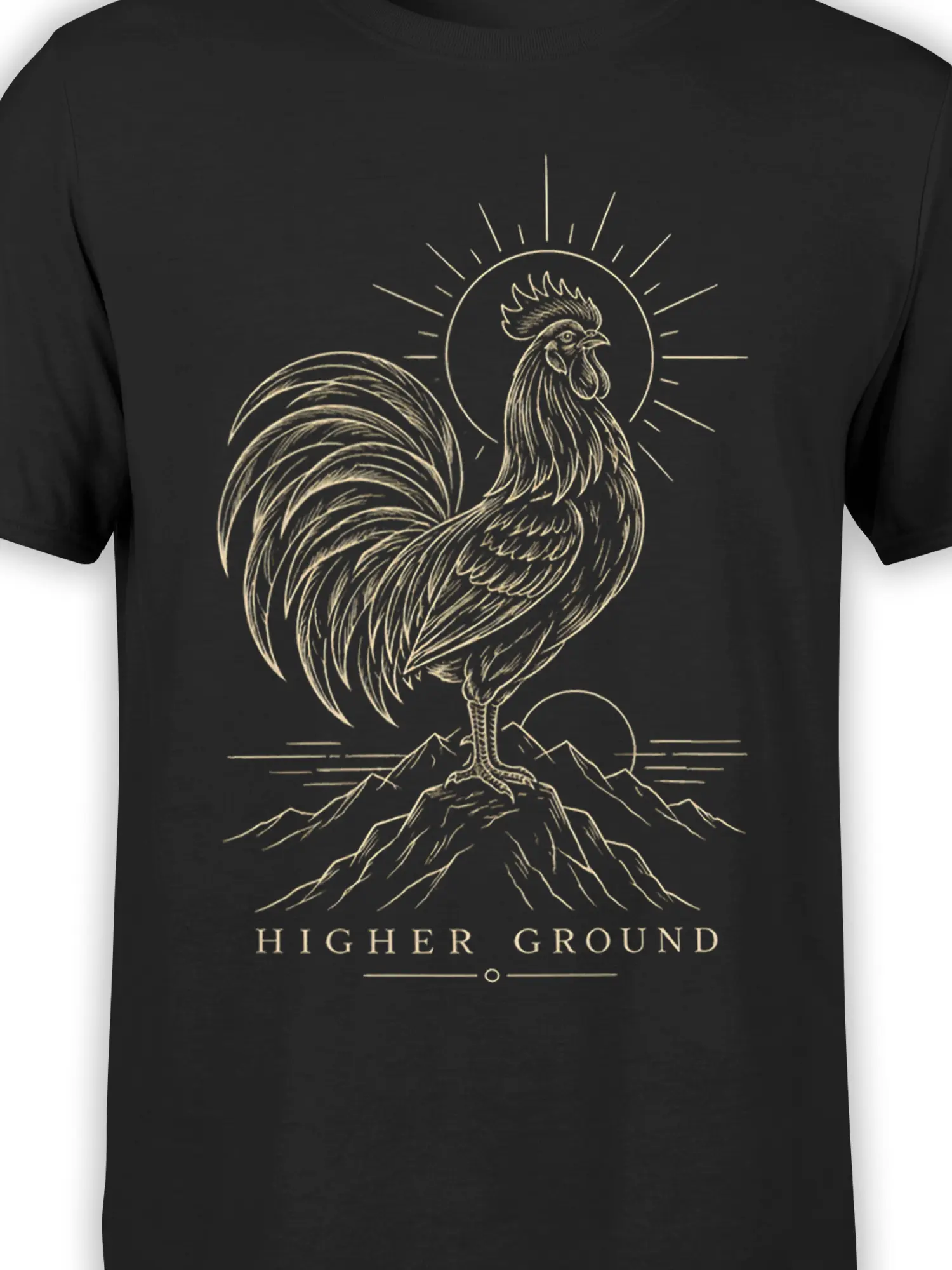 Close-up of the cream rooster, mountain peak, sun rays, and Higher Ground design on a black T-shirt
