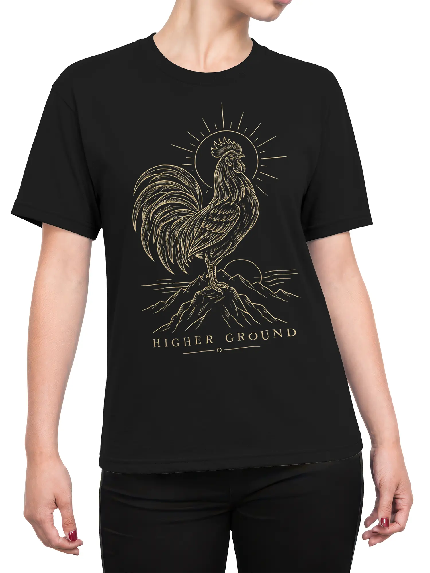 Female torso wearing a black T-shirt with a cream mountain rooster and Higher Ground graphic