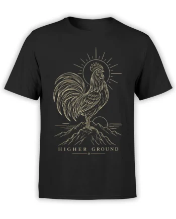 Black T-shirt with a cream rooster standing on a mountain beneath a sun and Higher Ground lettering