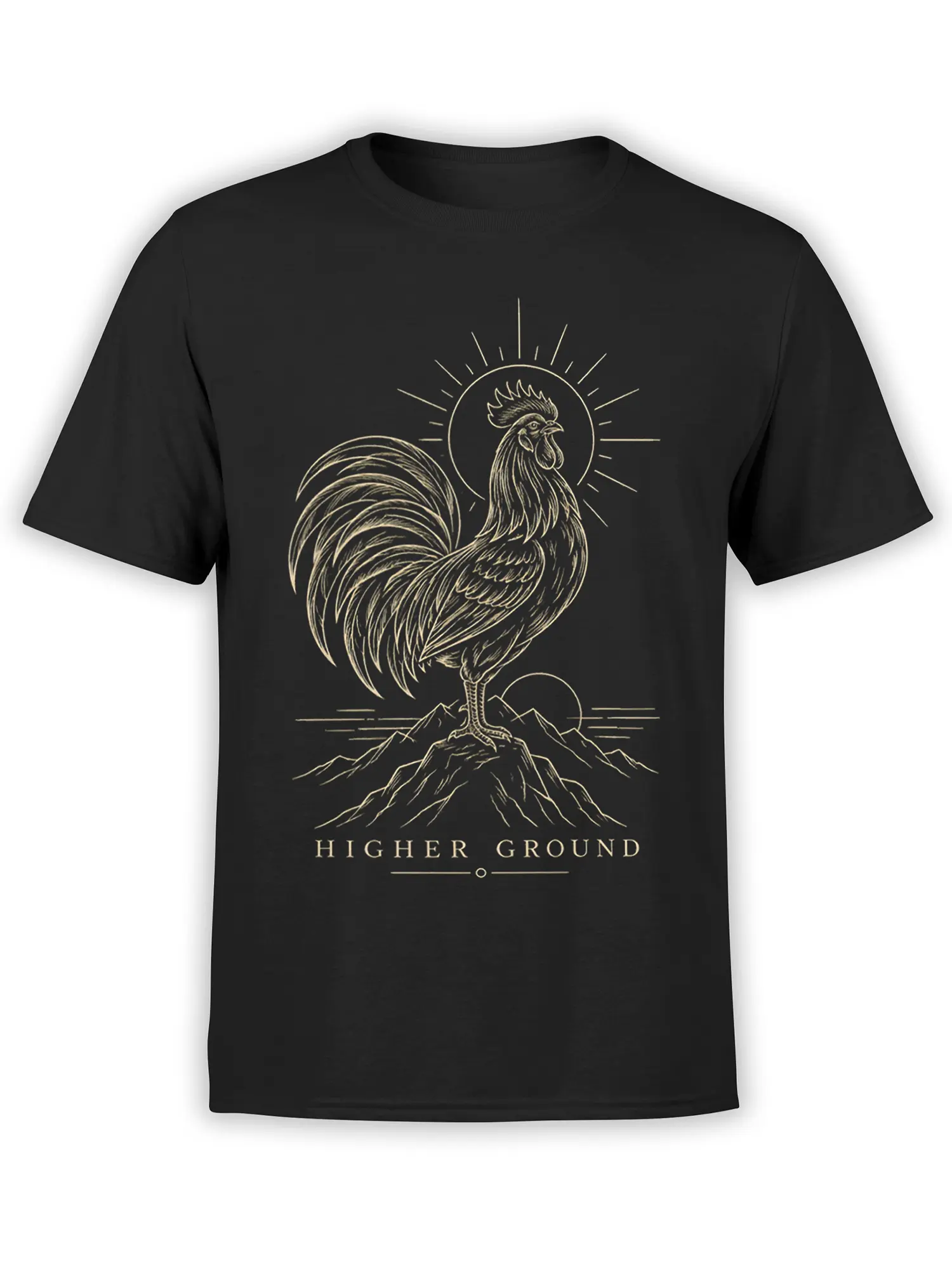 Black T-shirt with a cream rooster standing on a mountain beneath a sun and Higher Ground lettering