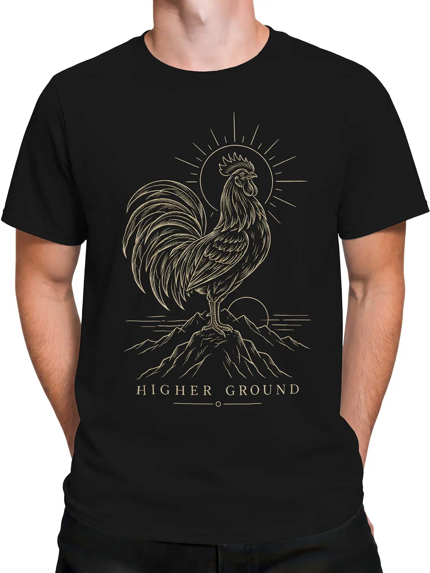 Male torso wearing a black rooster graphic T-shirt with mountain and Higher Ground artwork