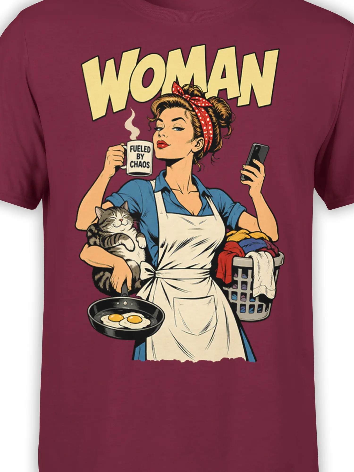 Close-up of retro woman design with tabby cat, chaos coffee mug, eggs, laundry, and bold WOMAN lettering