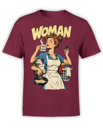 Retro woman graphic tee in burgundy with a cat, coffee mug, laundry, smartphone, eggs, and WOMAN text