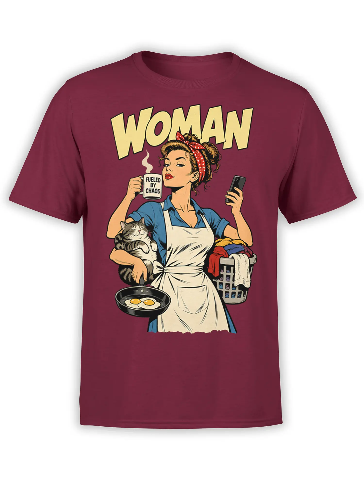 Retro woman graphic tee in burgundy with a cat, coffee mug, laundry, smartphone, eggs, and WOMAN text