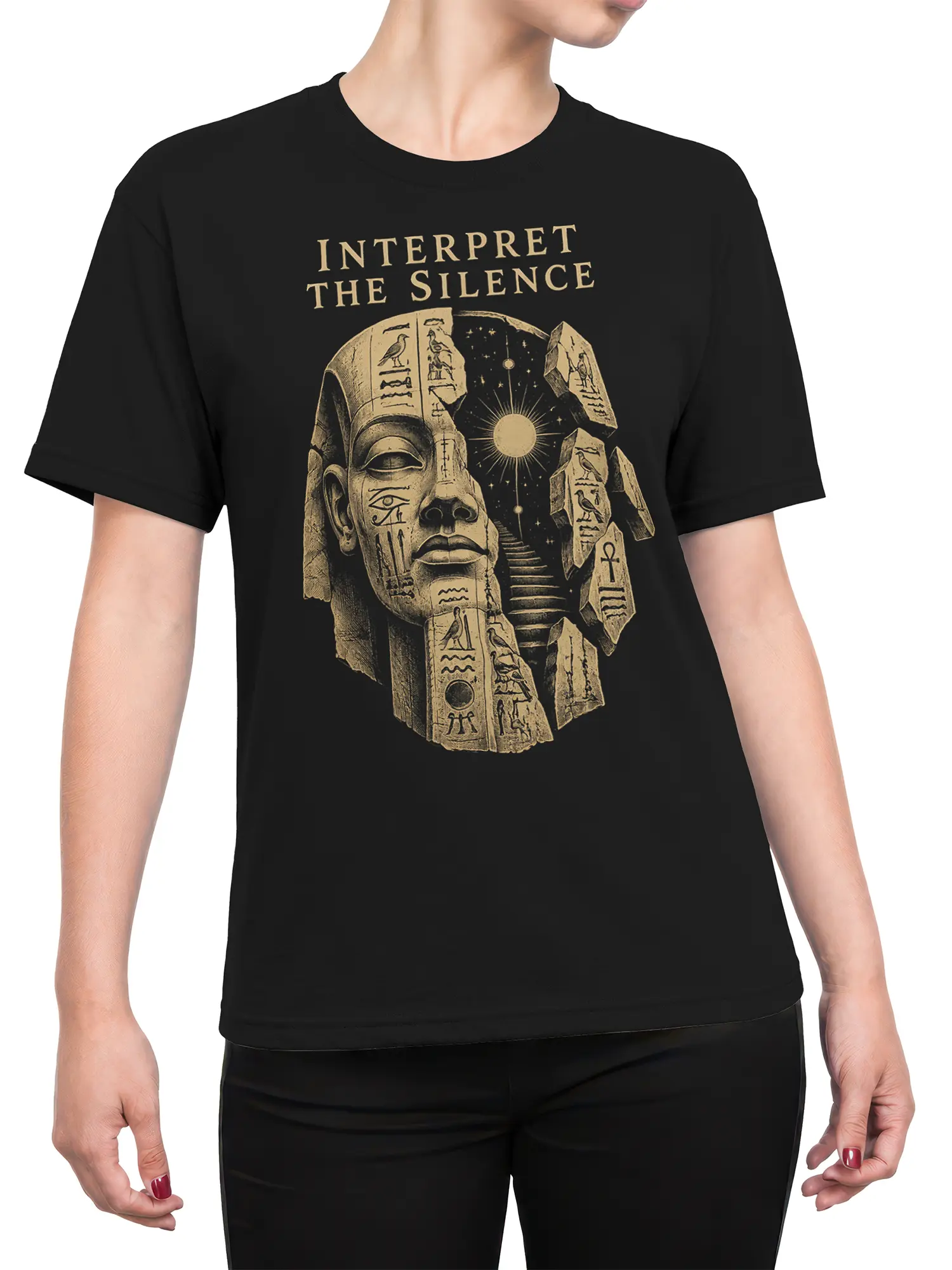Female torso wearing a black Egyptian graphic tee with a pharaoh face and Interpret the Silence design