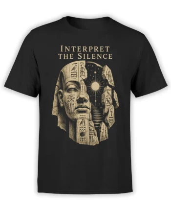 Black T-shirt with an Egyptian pharaoh face, carved symbols, stars, and the words Interpret the Silence
