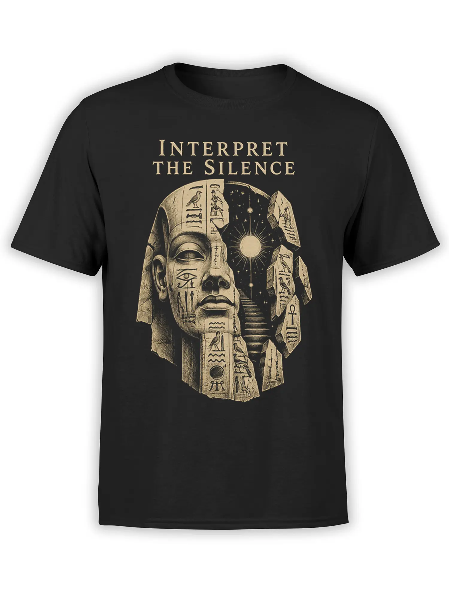 Black T-shirt with an Egyptian pharaoh face, carved symbols, stars, and the words Interpret the Silence