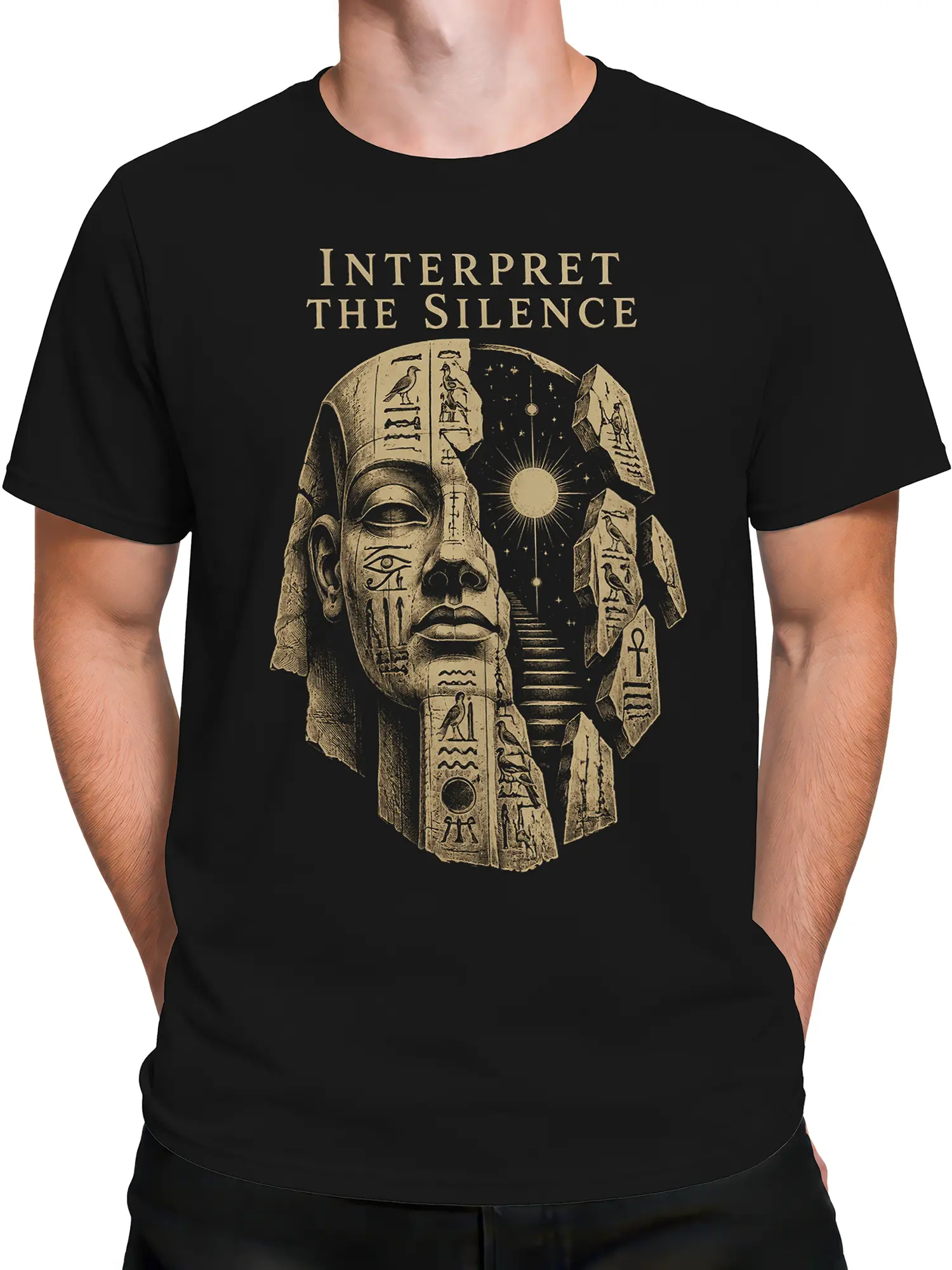 Male torso wearing a black pharaoh graphic tee with ancient symbols and a celestial design