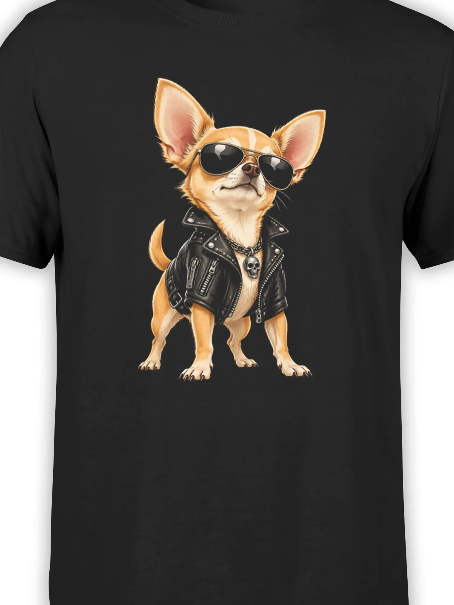Close-up of the Chihuahua punk dog graphic on a black T-shirt with sunglasses and a skull pendant