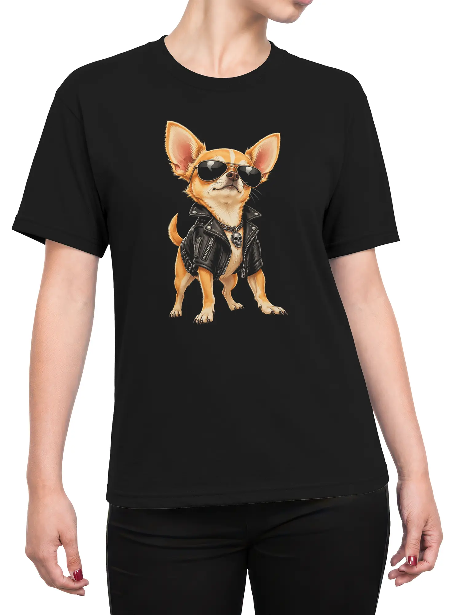 Female torso wearing a black T-shirt with a punk Chihuahua in sunglasses and a leather jacket