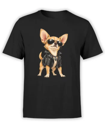 Black T-shirt with a tan Chihuahua wearing sunglasses, a leather jacket, chain collar, and skull pendant