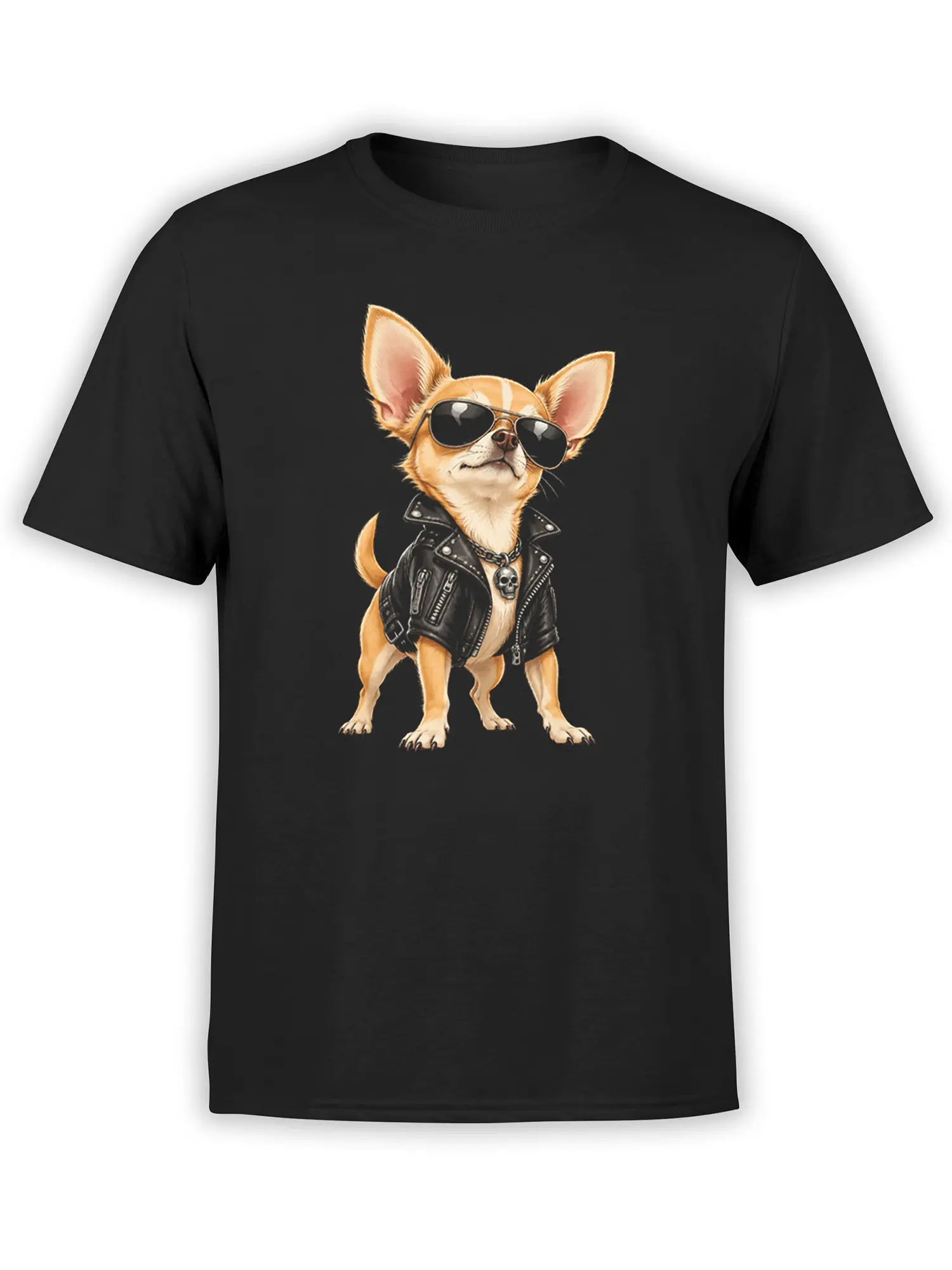 Black T-shirt with a tan Chihuahua wearing sunglasses, a leather jacket, chain collar, and skull pendant