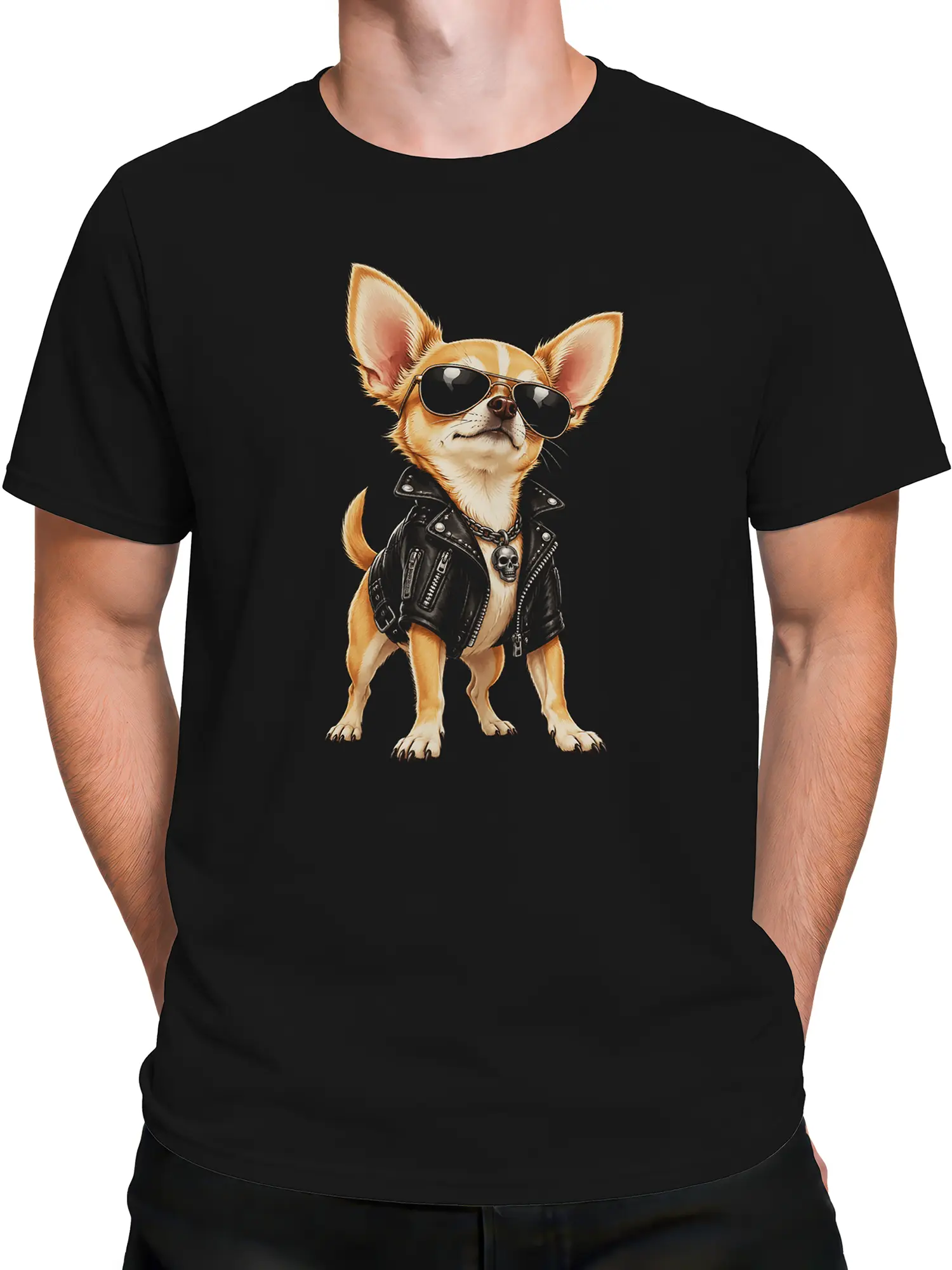 Male torso wearing a black T-shirt with a rebellious Chihuahua dog graphic and skull pendant