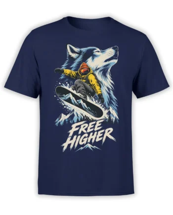 Wolf and snowboarder mountain graphic with “Free Higher” text on a navy T-shirt