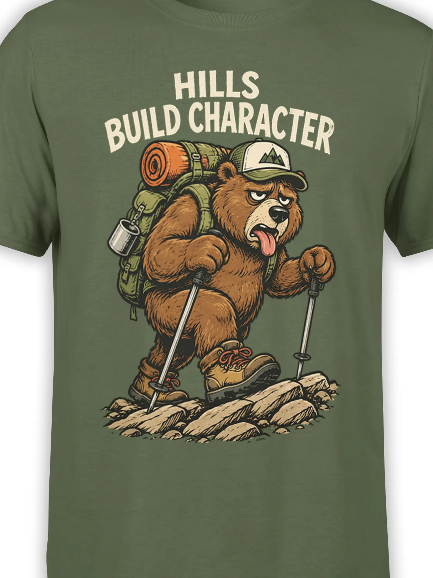 Close-up of brown bear hiking artwork, backpack, trekking poles, and Hills Build Character text on a green shirt