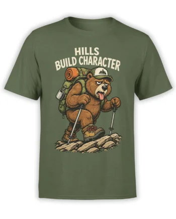 Brown bear hiking graphic with backpack and trekking poles on a green shirt, reading Hills Build Character