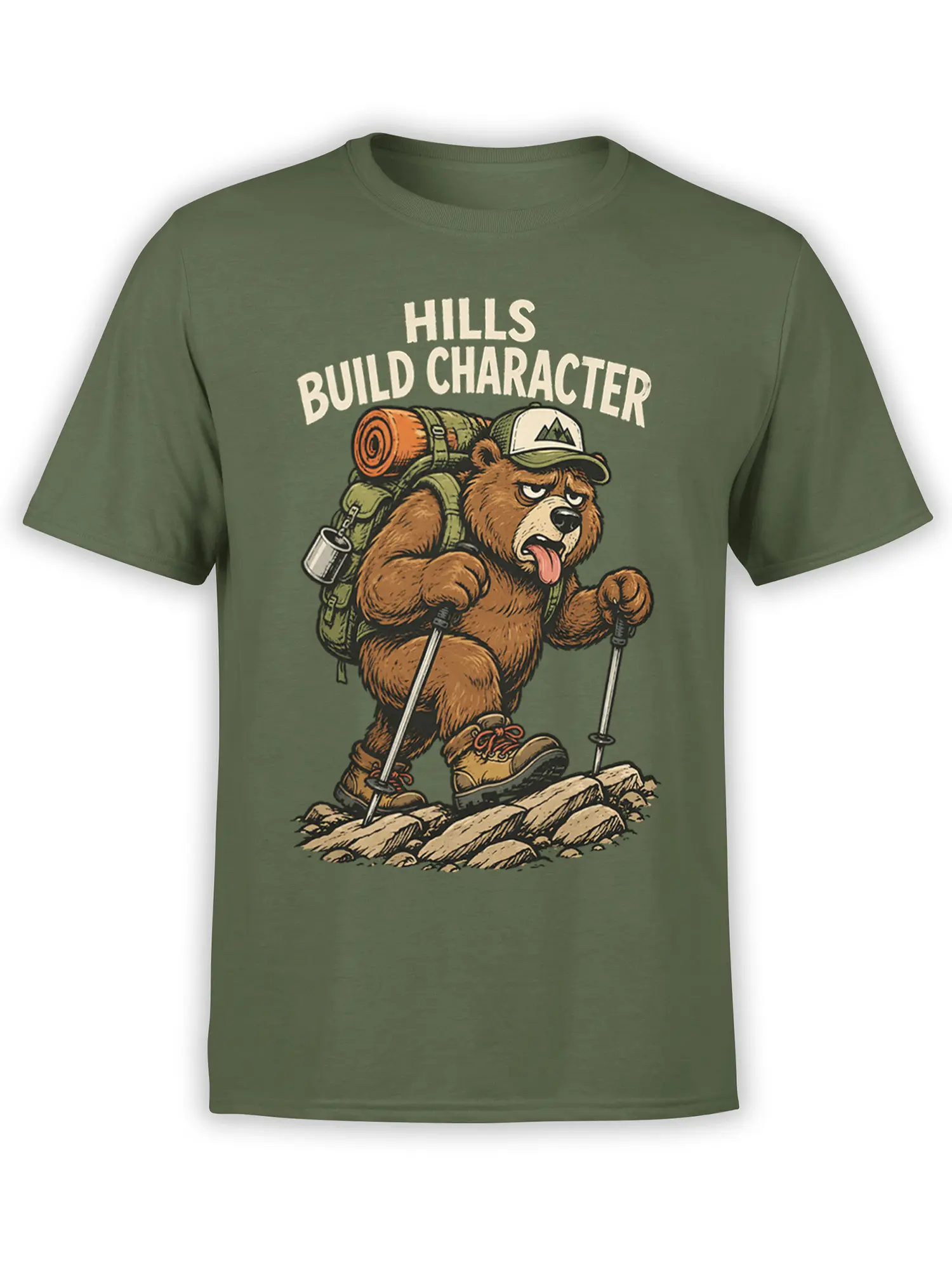 Brown bear hiking graphic with backpack and trekking poles on a green shirt, reading Hills Build Character