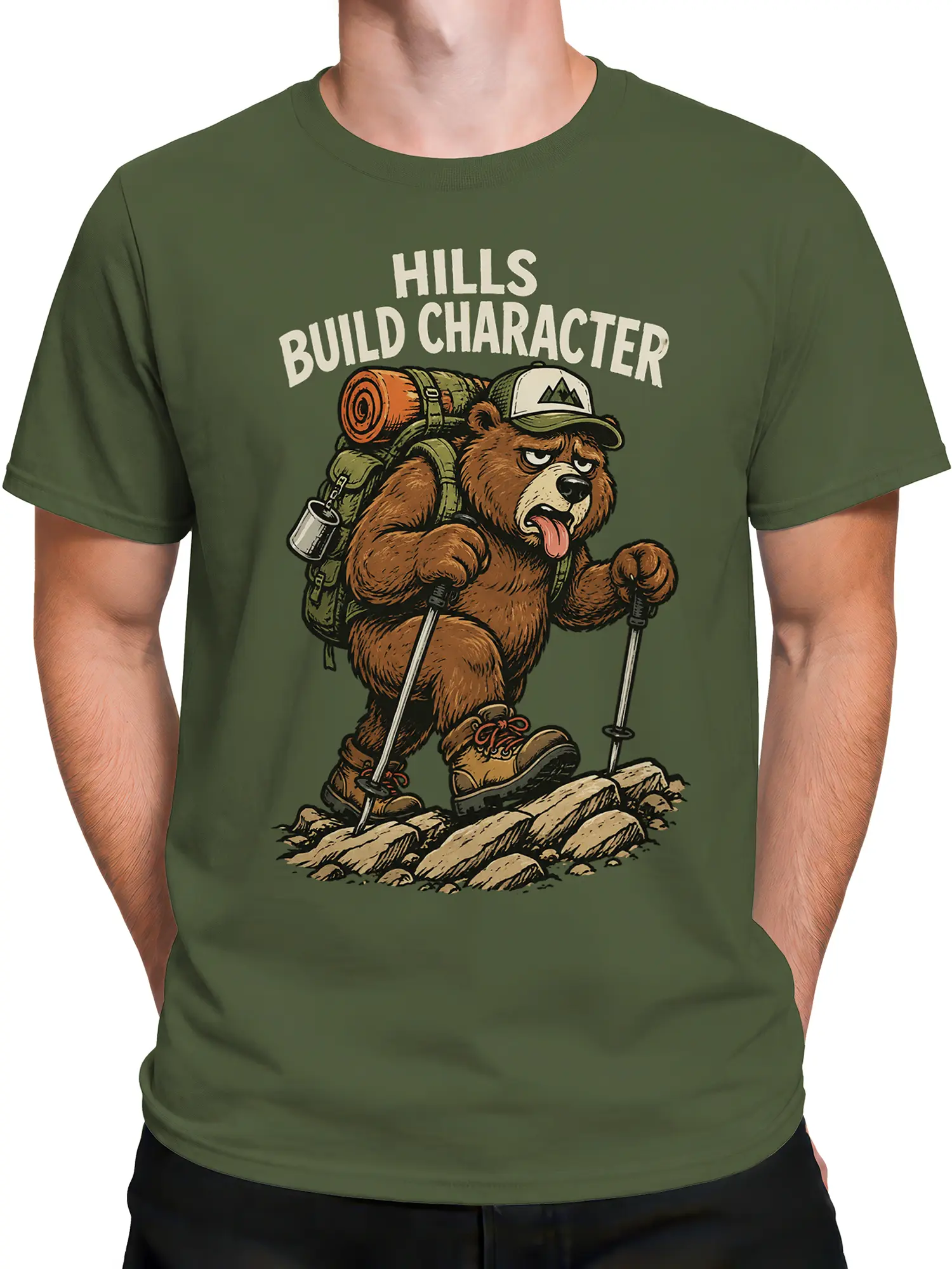 Male torso wearing a green hiking shirt with brown bear, backpack, trekking poles, and Hills Build Character graphic