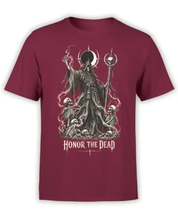 Grim reaper holding a skull staff with skeletons and Honor the Dead text on a burgundy shirt