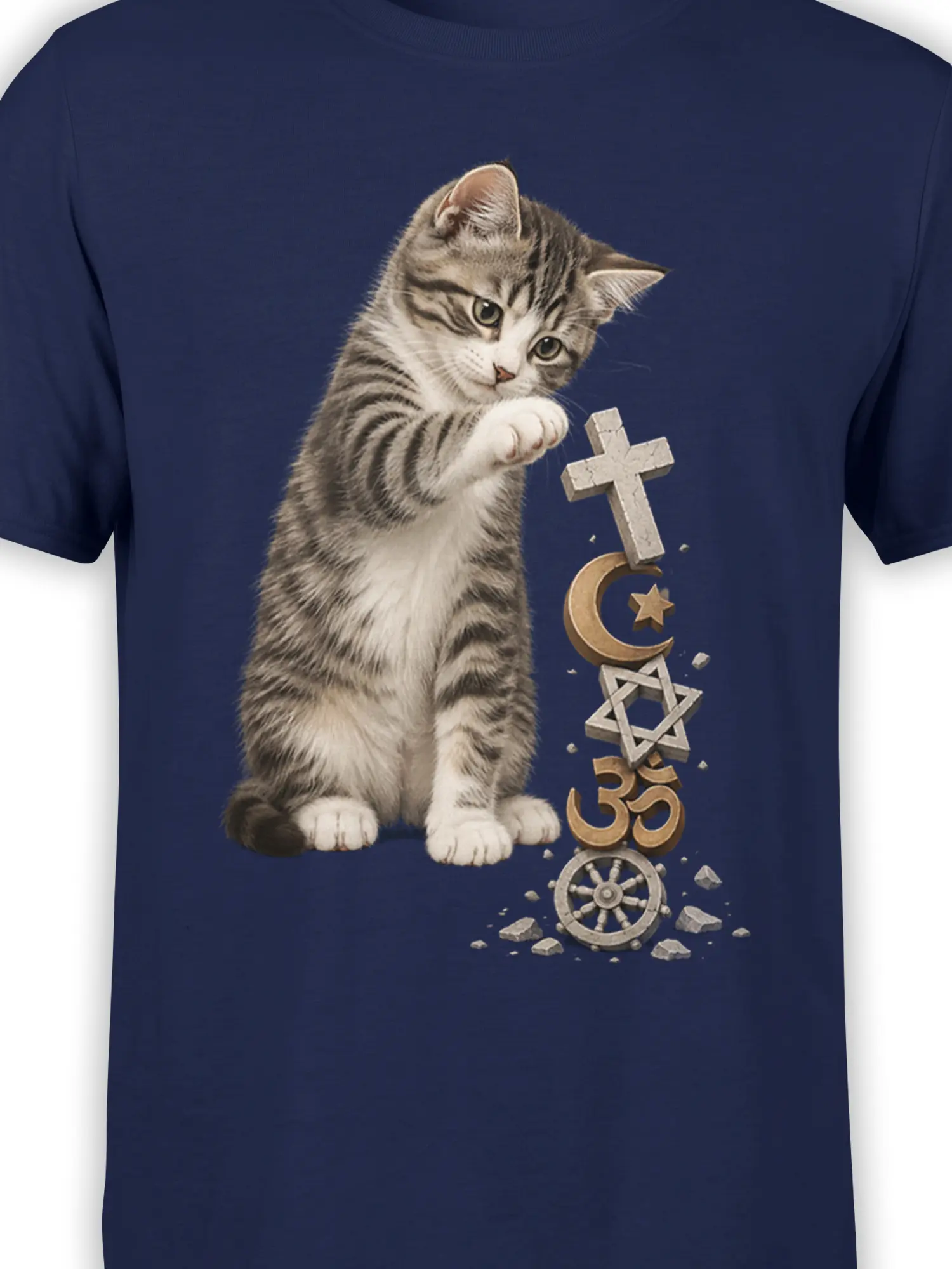 Close-up of gray tabby kitten and spiritual symbols on navy shirt