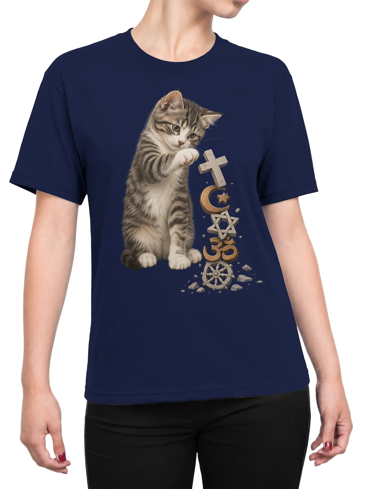Female torso wearing navy cat T-shirt with spiritual symbols