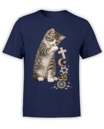 Gray tabby kitten with spiritual symbols on a navy cat T-shirt
