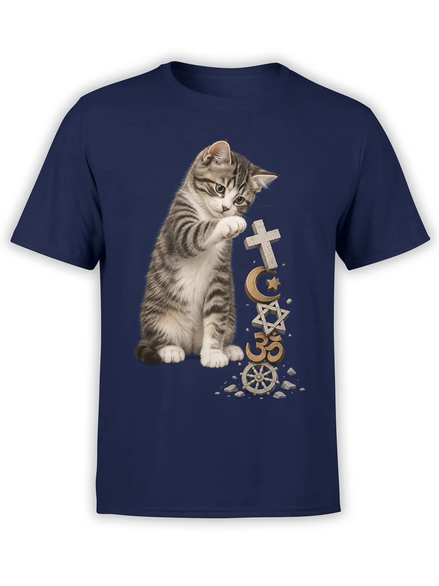 Gray tabby kitten with spiritual symbols on a navy cat T-shirt