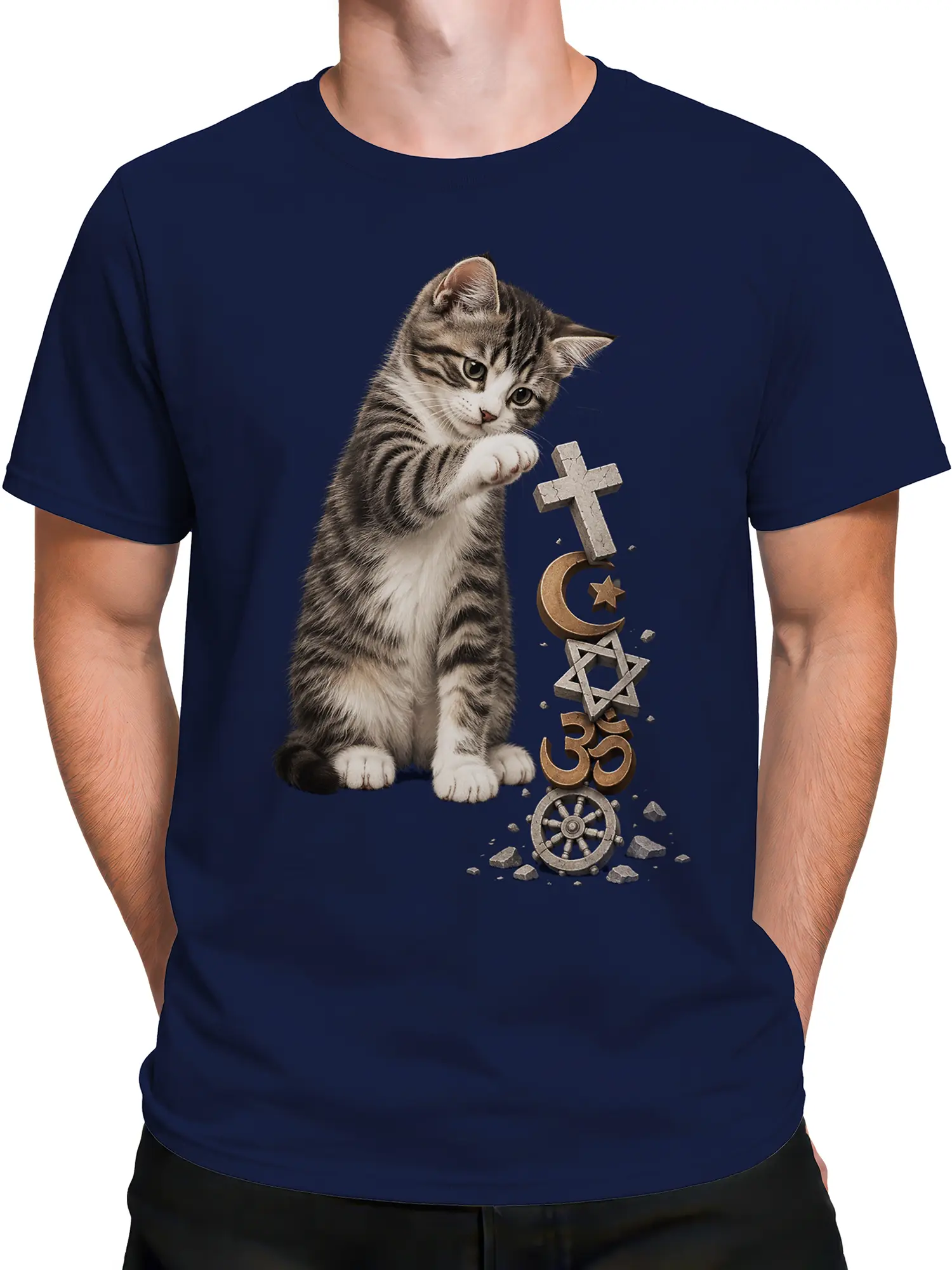 Male torso wearing navy cat T-shirt with mystical symbols