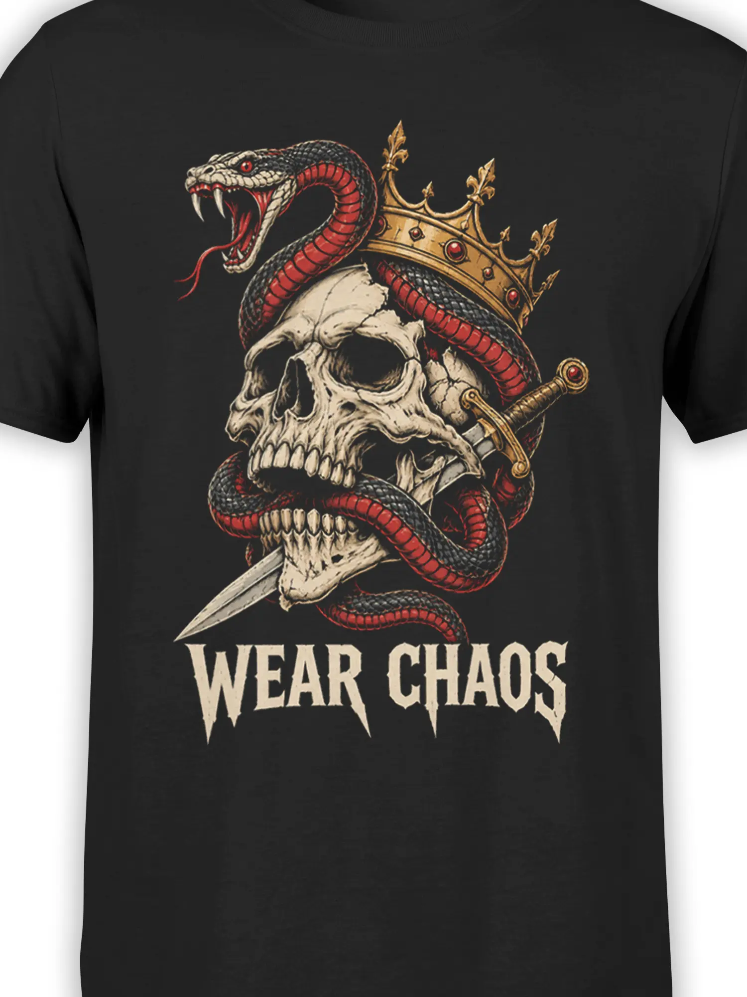 Close-up of crowned serpent, skull, sword, and red details on black chaos graphic T-shirt