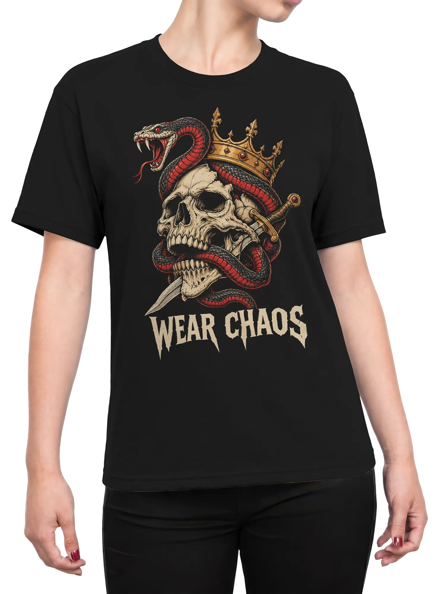 Female torso wearing a black T-shirt with crowned serpent skull and “Wear Chaos” graphic