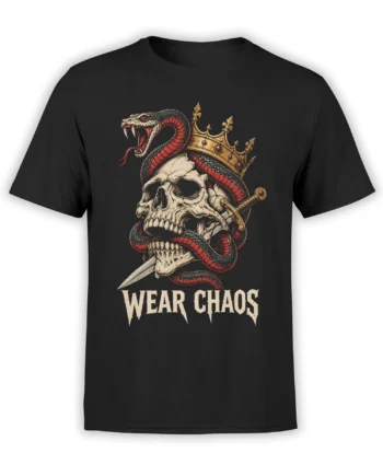 Black T-shirt with crowned red and black serpent wrapped around a skull, sword, and “Wear Chaos” lettering