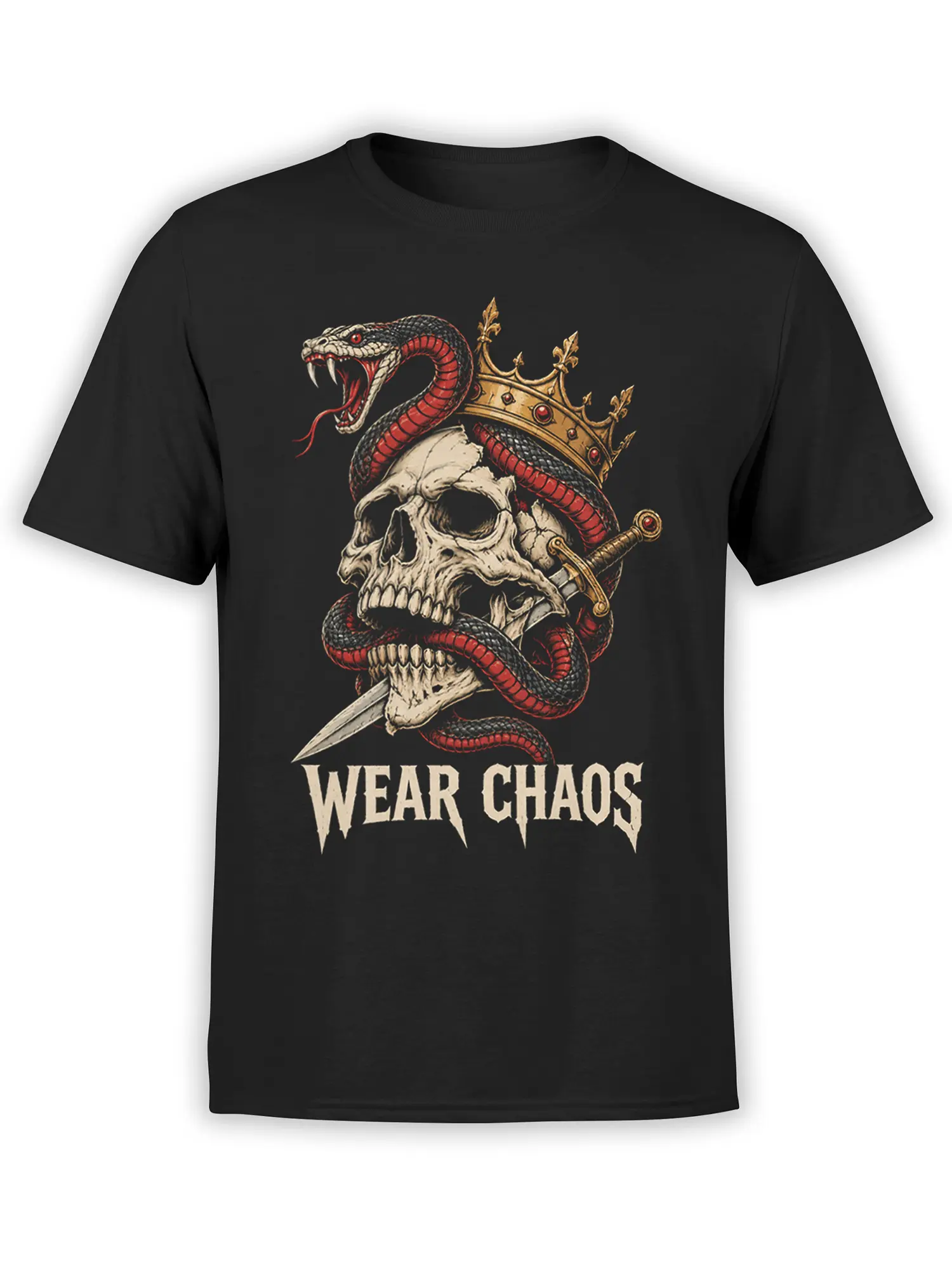 Black T-shirt with crowned red and black serpent wrapped around a skull, sword, and “Wear Chaos” lettering