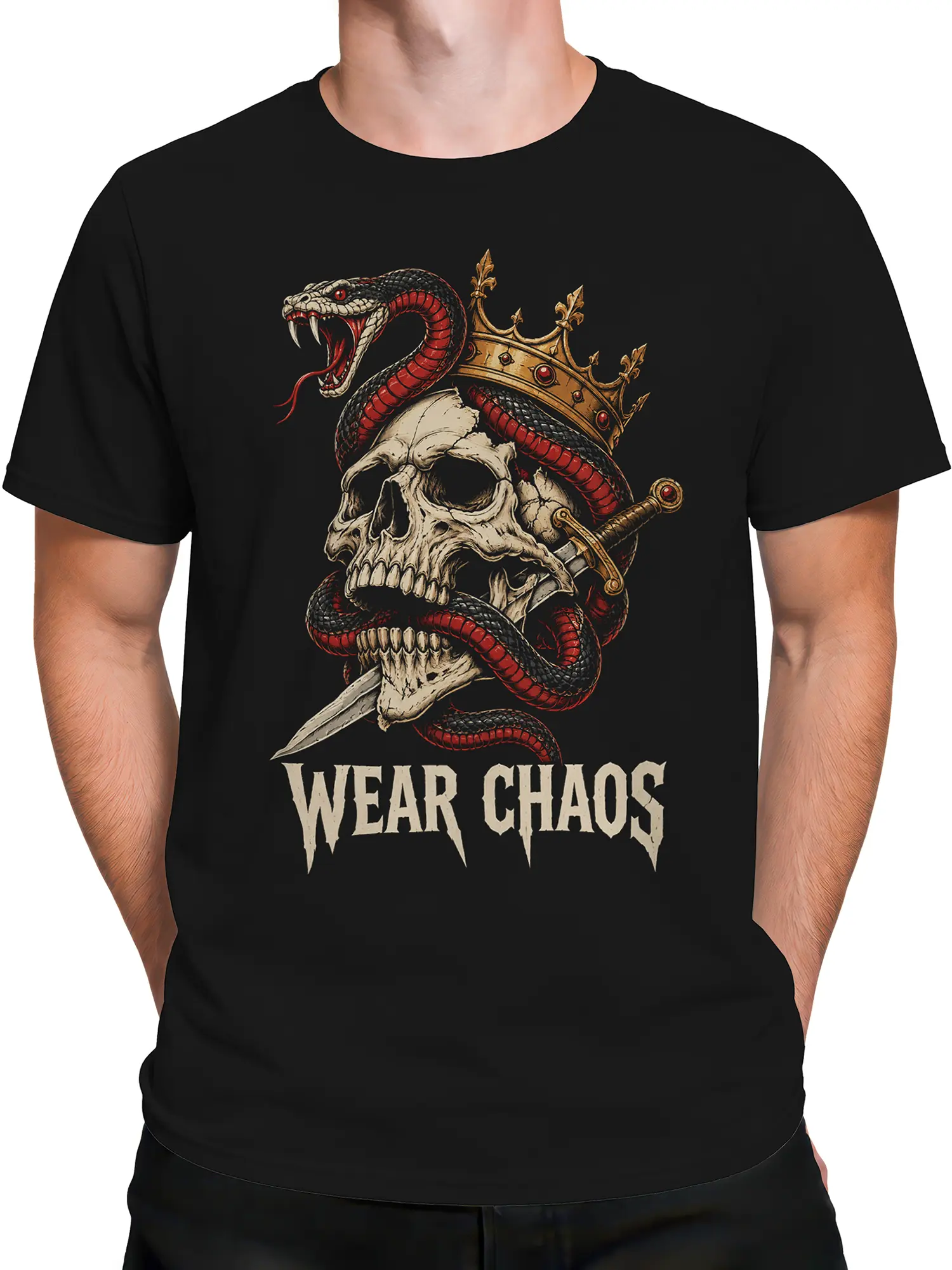 Male torso wearing black crowned serpent skull T-shirt with bold “Wear Chaos” design