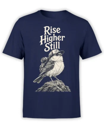 Vintage bird wearing a cap and backpack on a rocky perch with Rise Higher Still text on a navy T-shirt