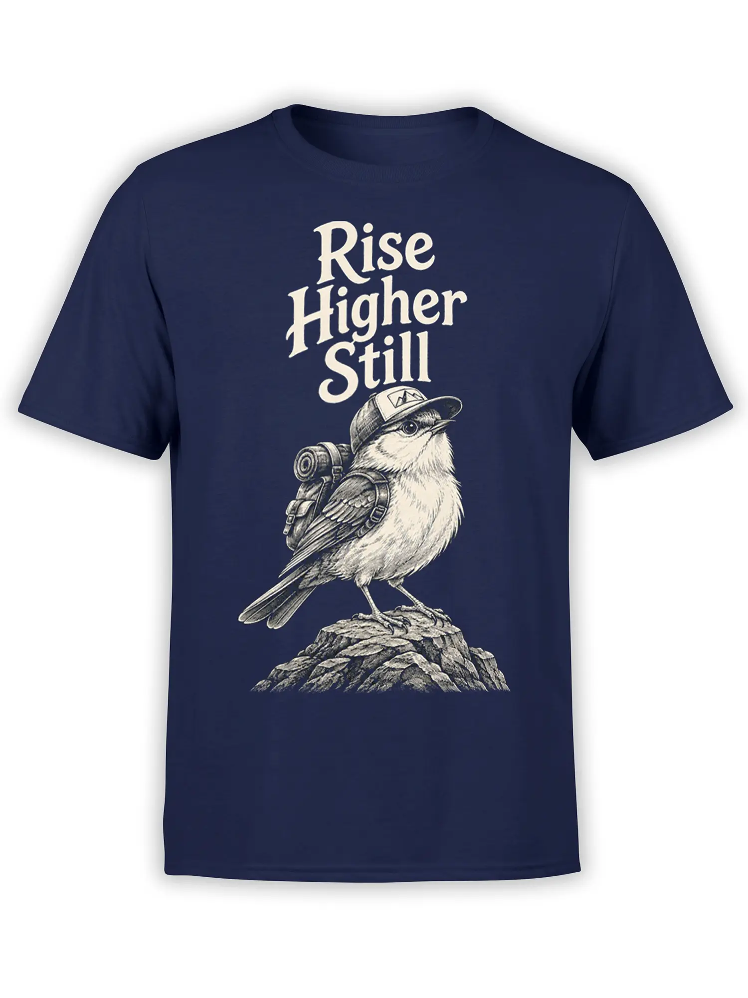 Vintage bird wearing a cap and backpack on a rocky perch with Rise Higher Still text on a navy T-shirt