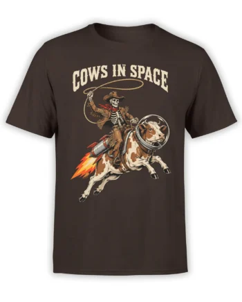 Brown T-shirt with a rocket-powered cow and skeleton cowboy under bold COWS IN SPACE lettering