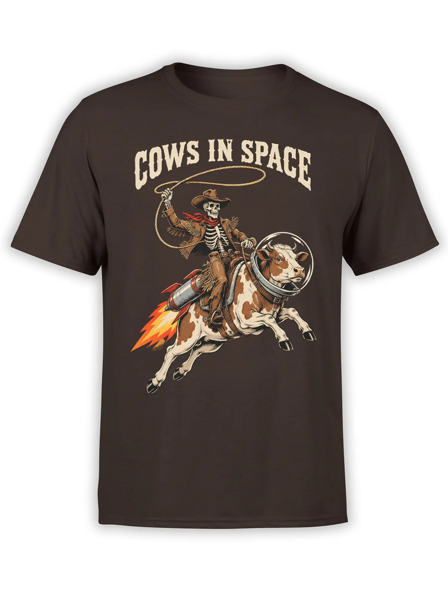 Brown T-shirt with a rocket-powered cow and skeleton cowboy under bold COWS IN SPACE lettering