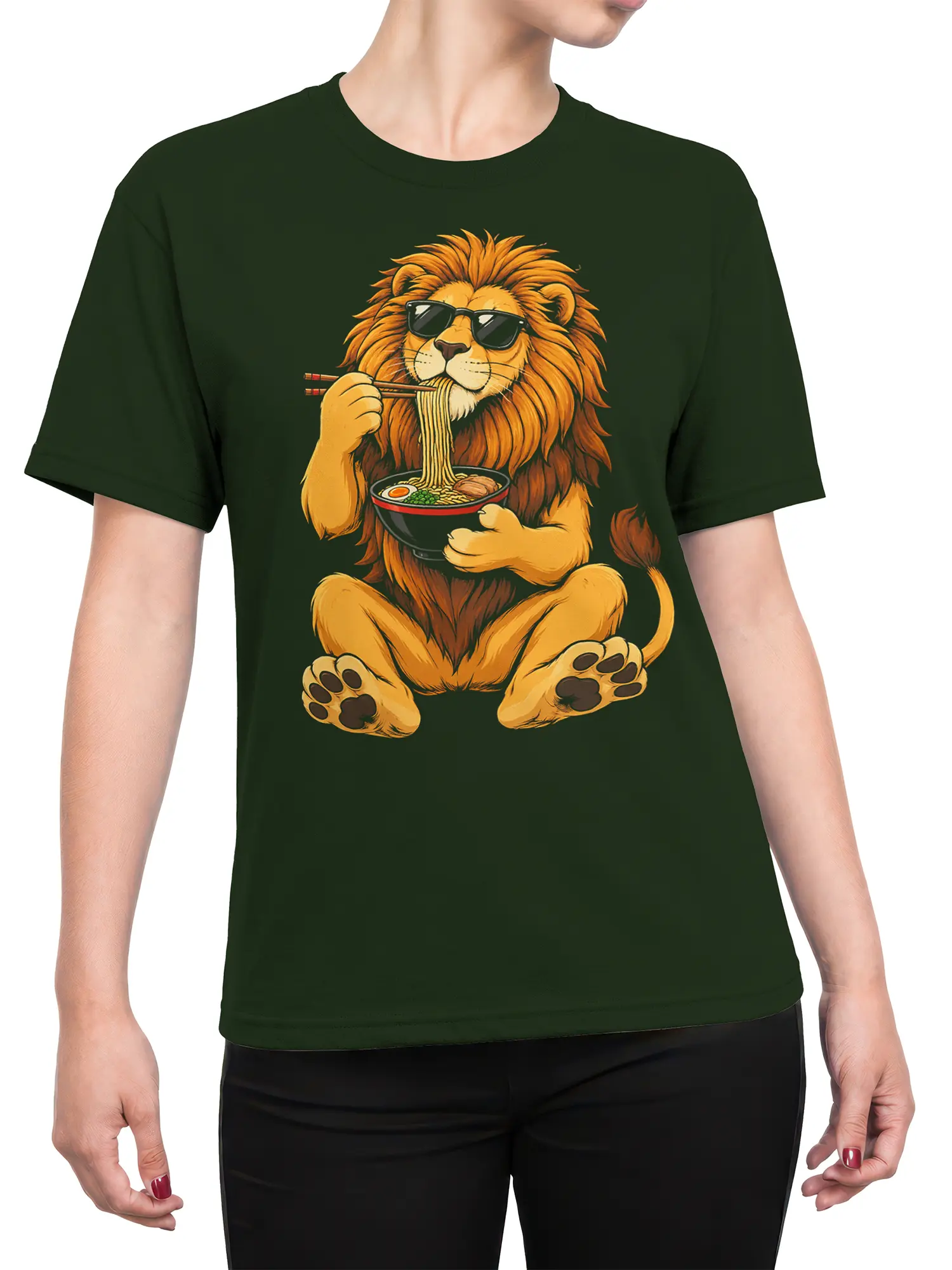 Female torso wearing a dark green lion ramen graphic T-shirt with sunglasses and chopsticks