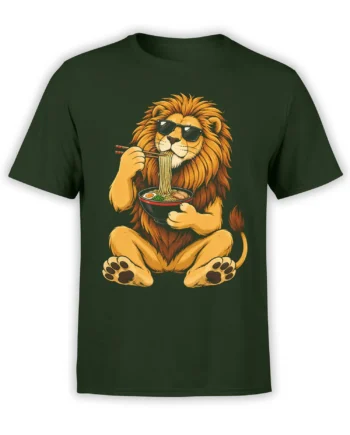 Dark green T-shirt with a sunglasses-wearing lion eating ramen with chopsticks