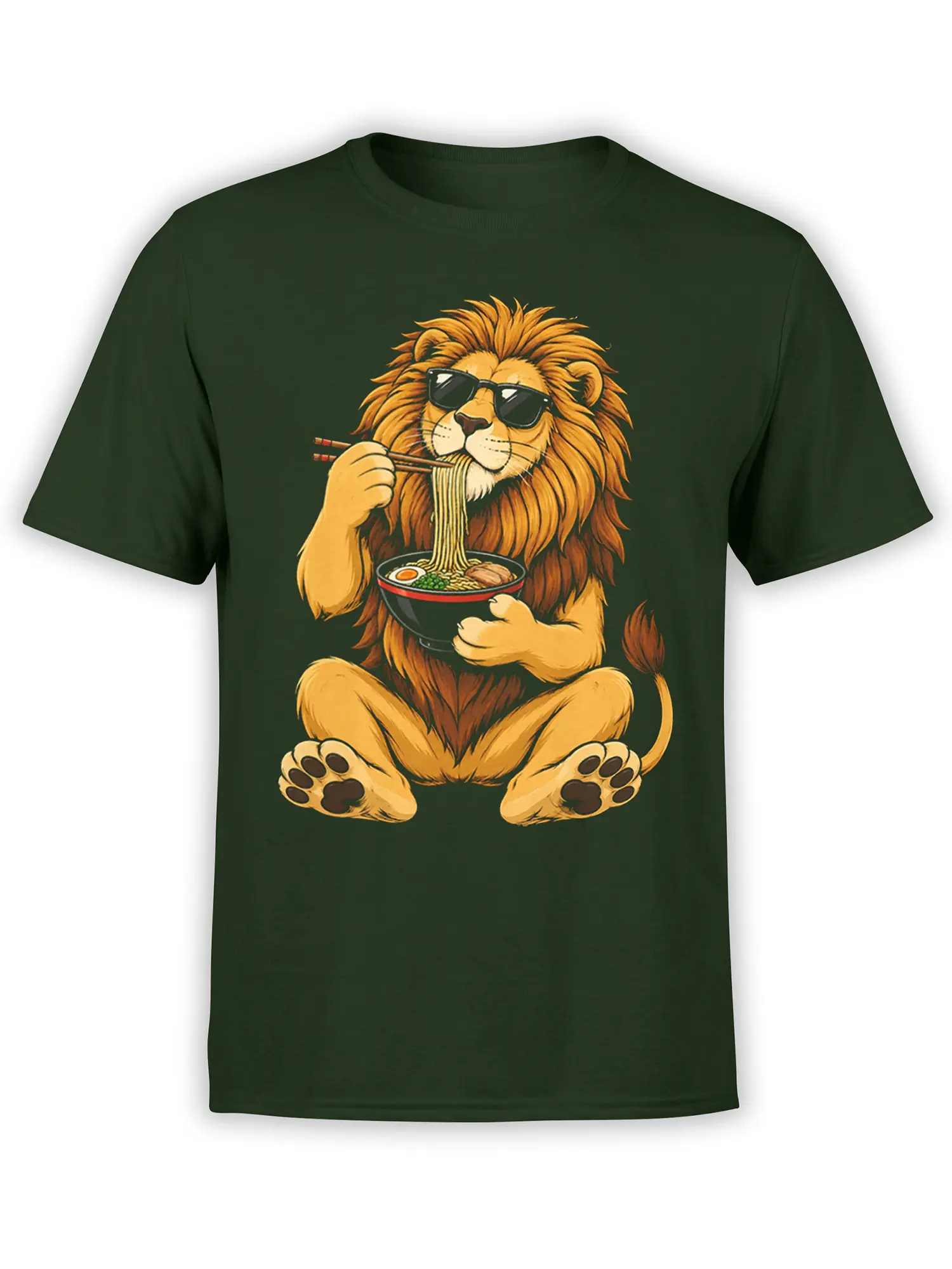 Dark green T-shirt with a sunglasses-wearing lion eating ramen with chopsticks