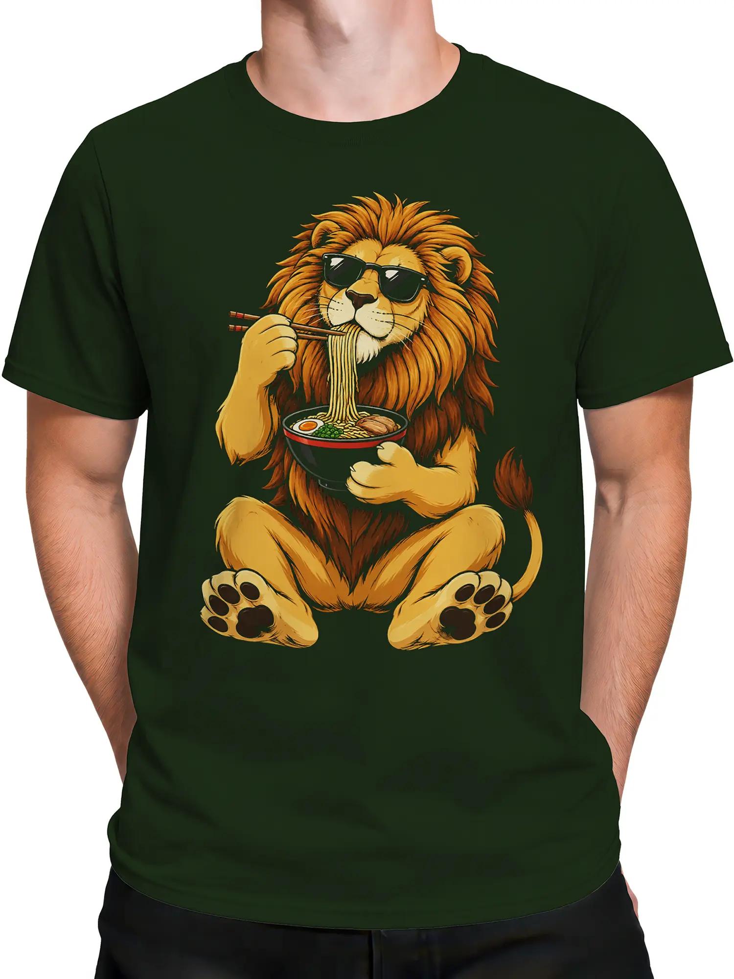 Male torso wearing a dark green graphic T-shirt with a lion eating ramen