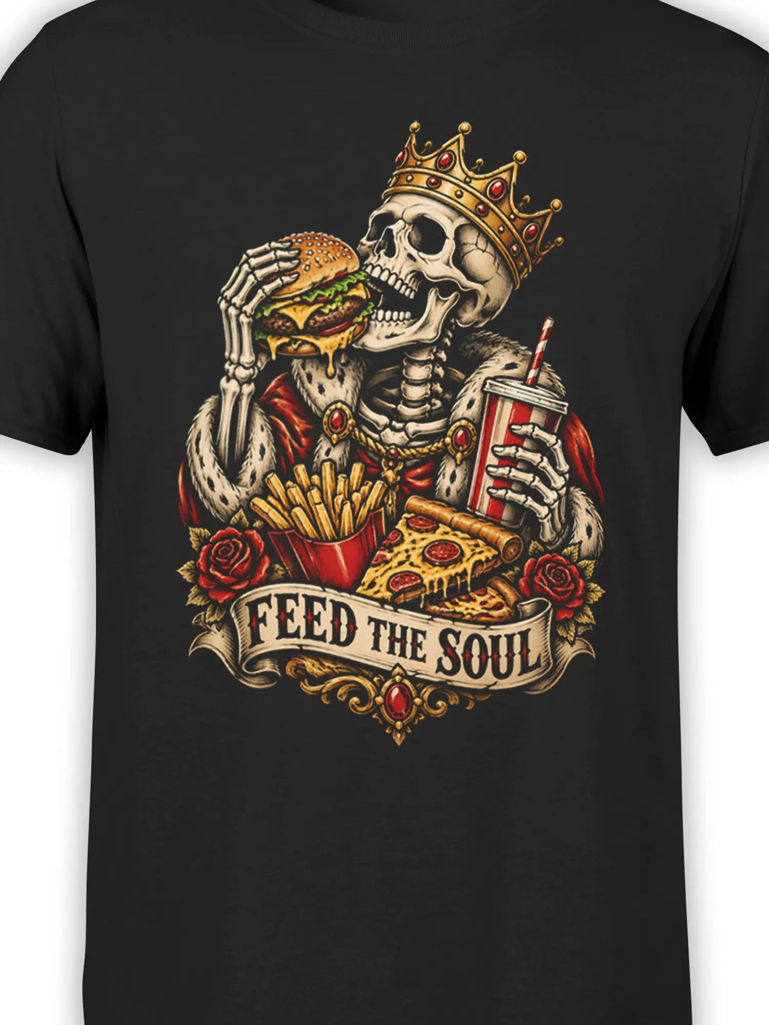 Close-up of crowned skeleton food artwork with burger, fries, pizza, and drink on black fabric