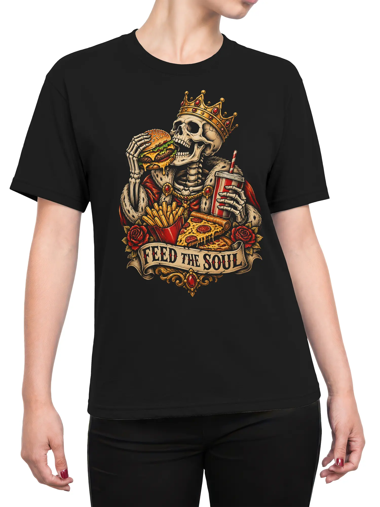 Female torso wearing a black T-shirt with crowned skeleton, burger, fries, pizza, and gothic food artwork