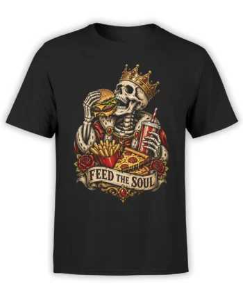 Crowned skeleton eating a burger with fries, pizza, and a drink on a black graphic T-shirt