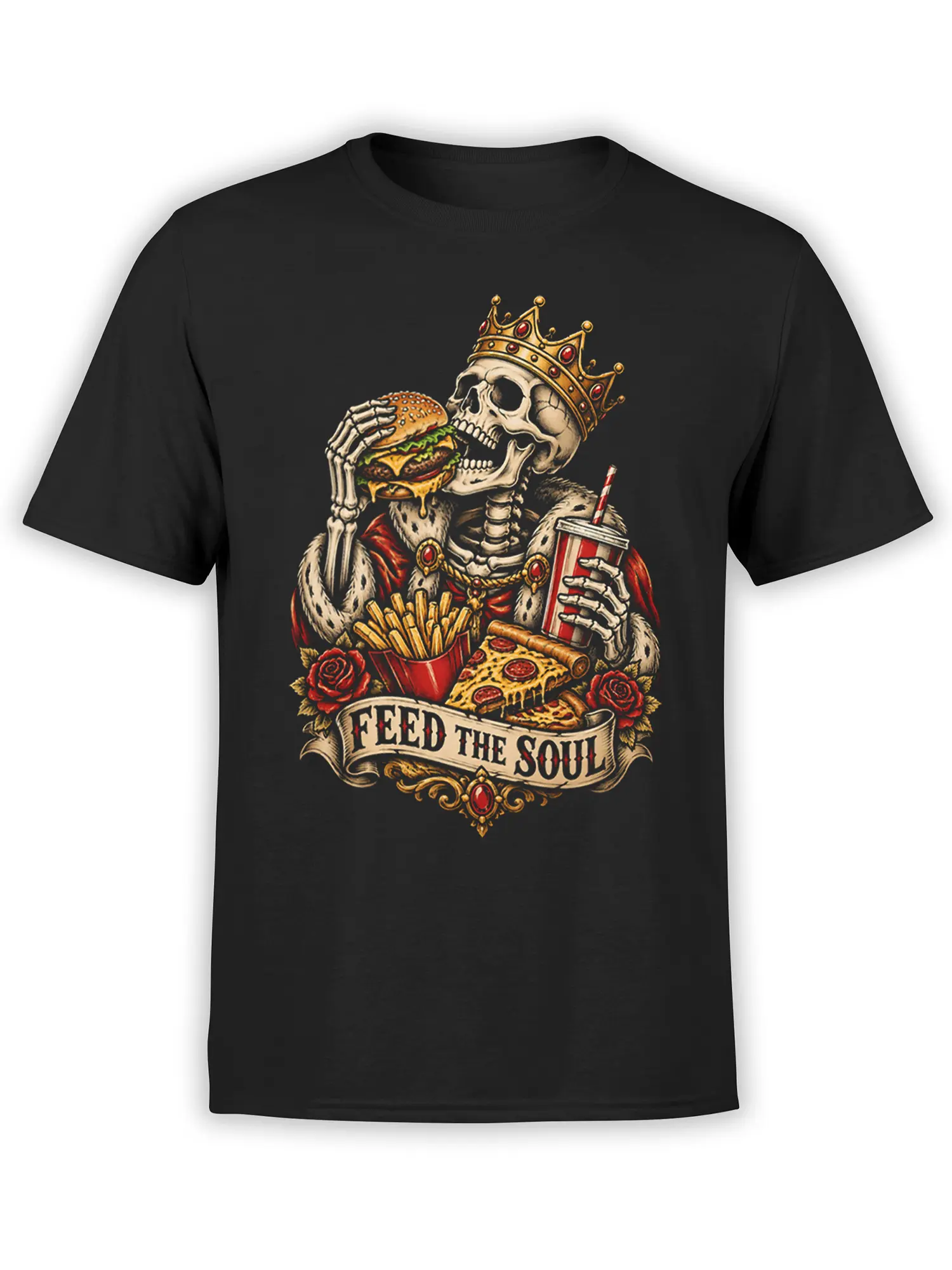 Crowned skeleton eating a burger with fries, pizza, and a drink on a black graphic T-shirt